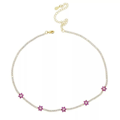 gold choker flower pink tennis diamond chain