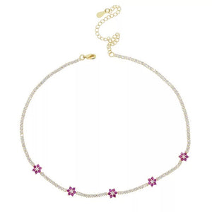 gold choker flower pink tennis diamond chain